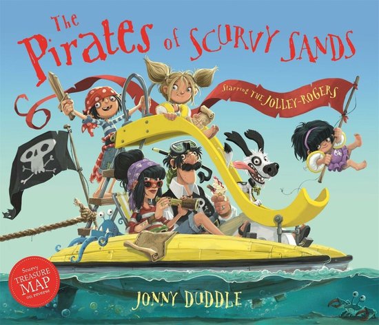 Boekomslag van 'The Pirates of Scurvy Sands' met de Jolley-Rogers op een boot. Met een schatkaart op de achterkant.