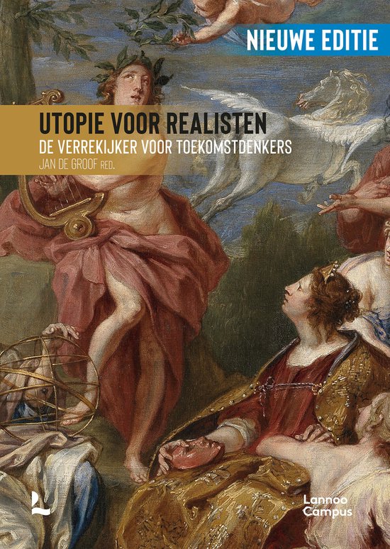 Couverture de livre 'Utopie pour réalistes', avec une peinture de figures mythologiques, de chérubins et un cheval.