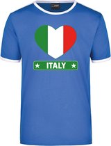 Italy blauw/wit ringer t-shirt Italie vlag in hart - heren - Italie landen shirt - Italiaanse supporter kleding L