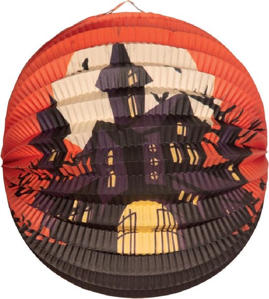 Ronde lampion 25 cm spookhuis met lampionstokje - Halloween trick or treat lampionnen versiering — afbeelding 3