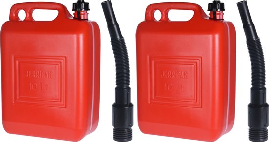 Set van 2x jerrycans rood voor brandstof - 10 liter - 26 x 14 x 37 cm -  inclusief schenktuit - benzine / diesel