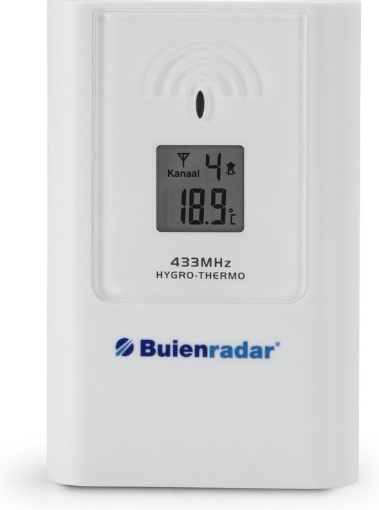 Een witte, rechthoekige buitensensor voor een weerstation met een klein digitaal display dat 'KANAAL 4' en '18.9°C' toont.