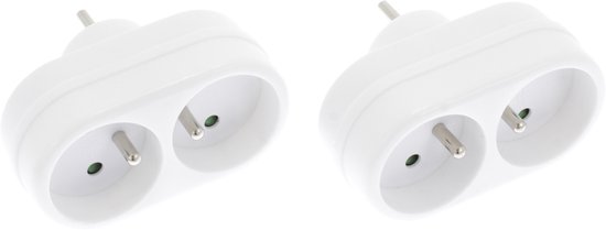 Twee witte Exin stekkerdozen met elk twee stopcontacten, met penaarde.