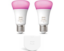 Philips Hue Uitbreidingspakket - E27 - met 2 Standaard Lampen - Wit en Gekleurd Licht - Incl. 1 Hue Wall Switch - Hue White and Color Ambiance