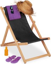 Relaxdays strandstoel hout - zwart - inklapbaar - ligstoel - klapstoel tuin - tot 120 kg