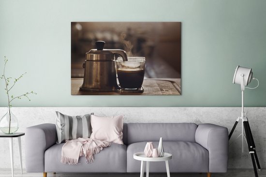 Une petite cafetière avec deux tasses de café en toile 140x90 cm - Tirage photo sur toile (Décoration murale salon / chambre)