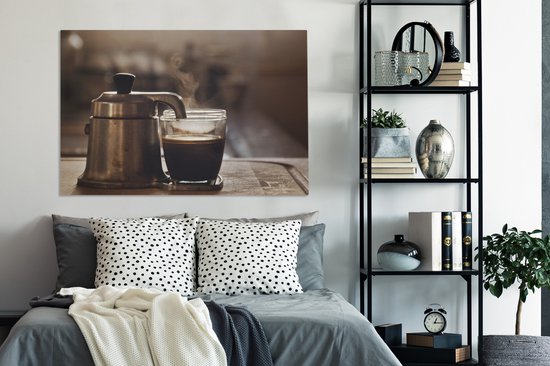 Une petite cafetière avec deux tasses de café en toile 140x90 cm - Tirage photo sur toile (Décoration murale salon / chambre)