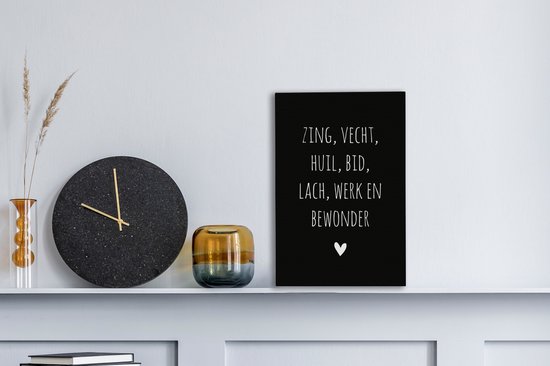 Peintures sur toile - Citations - Citation néerlandaise : « Chantez, combattez, pleurez, priez, riez, travaillez et admirez » sur fond noir - 20x30 cm - Décoration murale