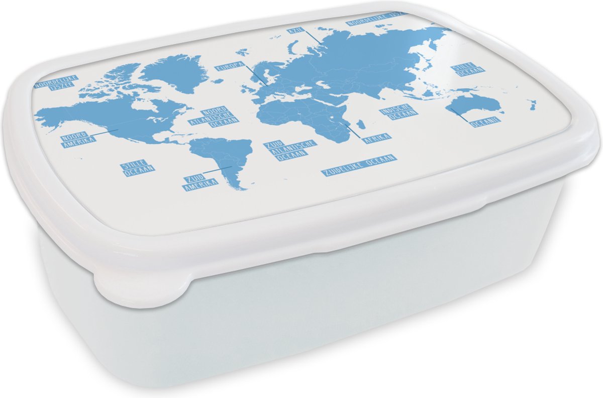 Broodtrommel Wit - Lunchbox - Brooddoos - Wereldkaart - Blauw - Simpel - 18x12x6 cm - Volwassenen