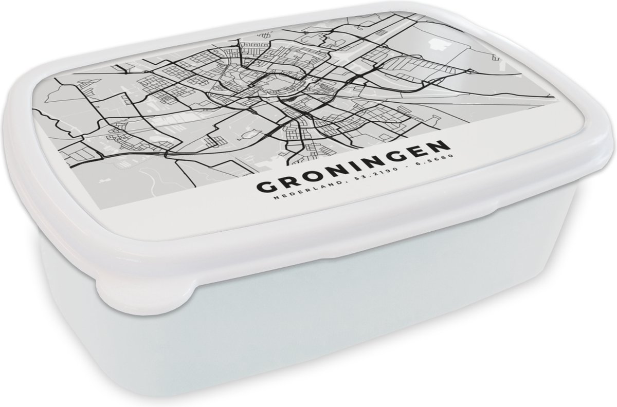 Broodtrommel Wit - Lunchbox - Brooddoos - Kaart - Groningen - Nederland - 18x12x6 cm - Volwassenen