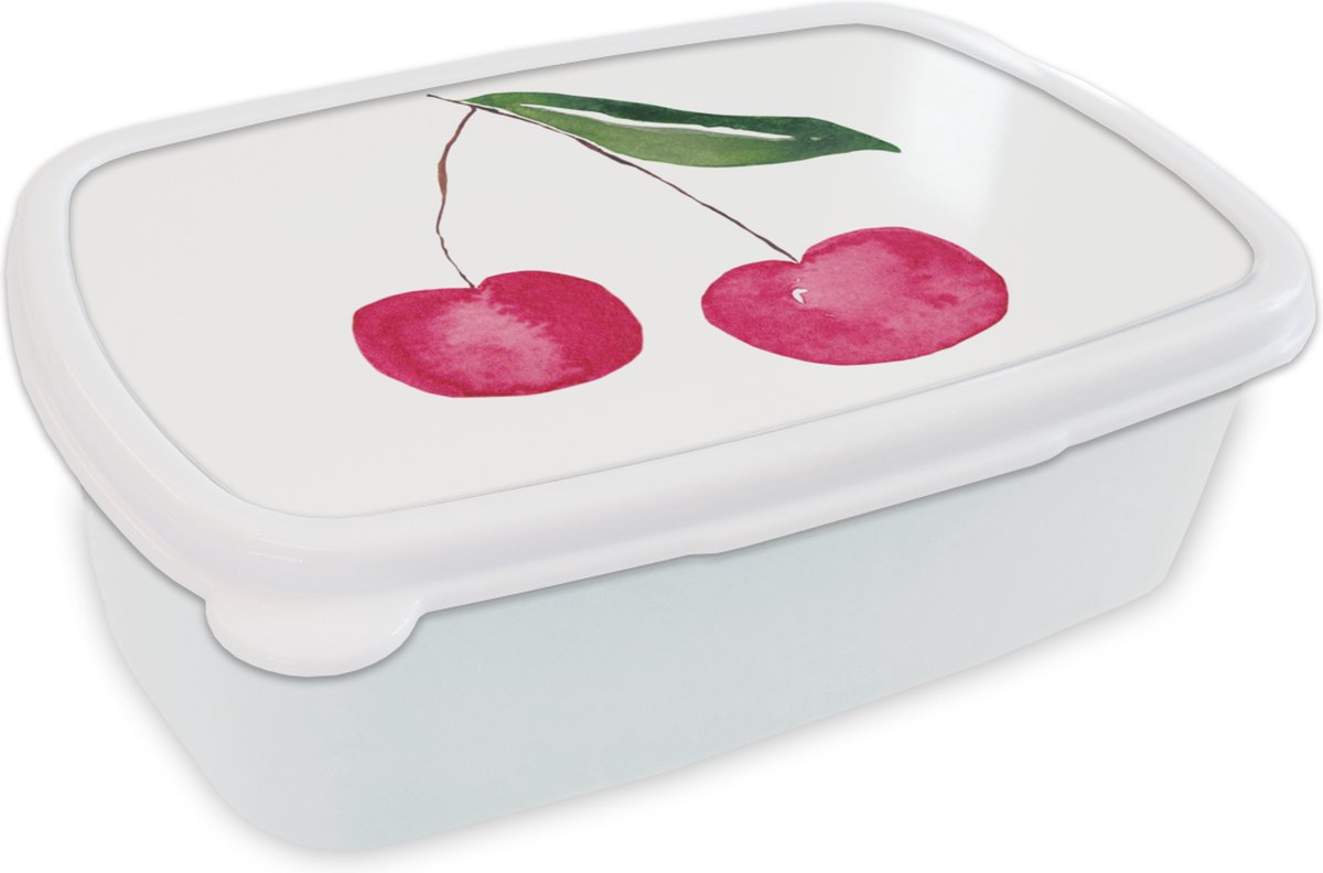 Broodtrommel Wit - Lunchbox - Brooddoos - Kersen - Waterverf - Wit - 18x12x6 cm - Volwassenen
