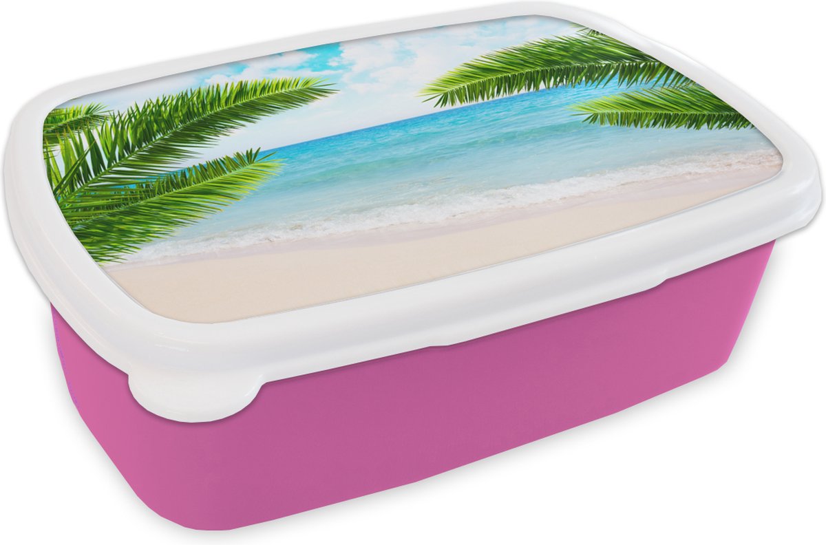 Broodtrommel Roze - Lunchbox - Brooddoos - Tropisch - Strand - Zee - 18x12x6 cm - Kinderen - Meisje