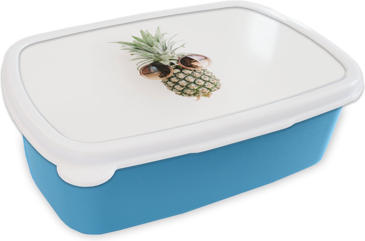 Broodtrommel Blauw - Lunchbox - Brooddoos - Ananas - Zonnebril - Tropisch - 18x12x6 cm - Kinderen - Jongen