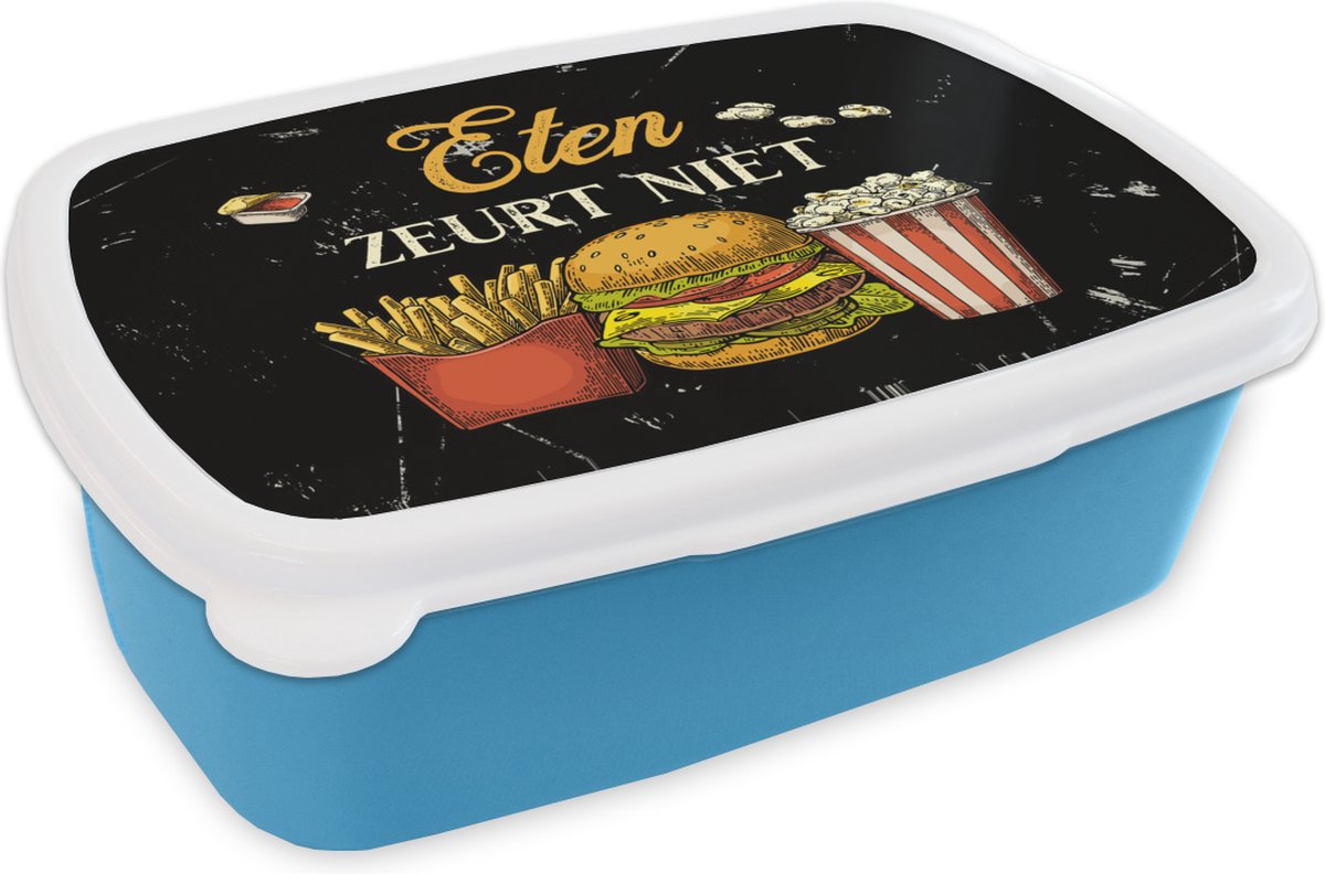 Broodtrommel Blauw - Lunchbox - Brooddoos - Eten - Saus - Tekst - 18x12x6 cm - Kinderen - Jongen