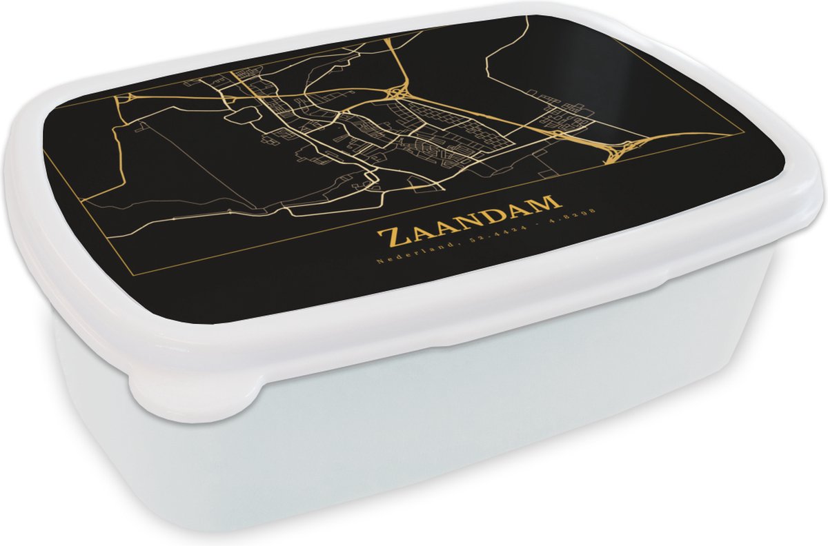 Broodtrommel Wit - Lunchbox - Brooddoos - Kaart - Zaandam - Zwart - Goud - 18x12x6 cm - Volwassenen