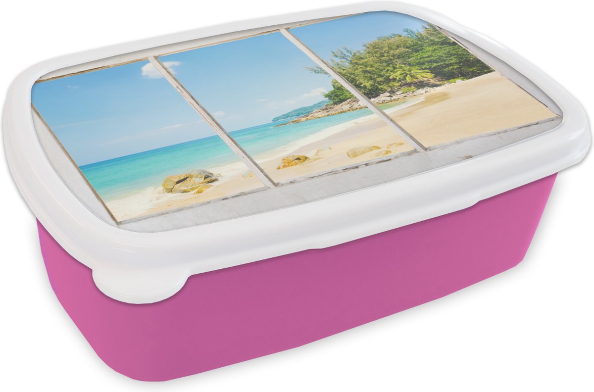 Broodtrommel Roze - Lunchbox - Brooddoos - Doorkijk - Strand - Zee - 18x12x6 cm - Kinderen - Meisje