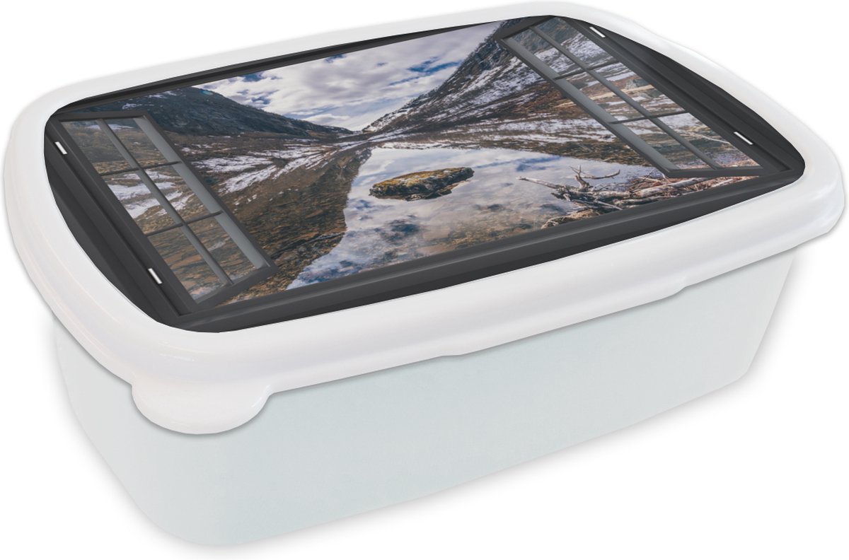 Broodtrommel Wit - Lunchbox - Brooddoos - Doorkijk - Bergen - Water - 18x12x6 cm - Volwassenen