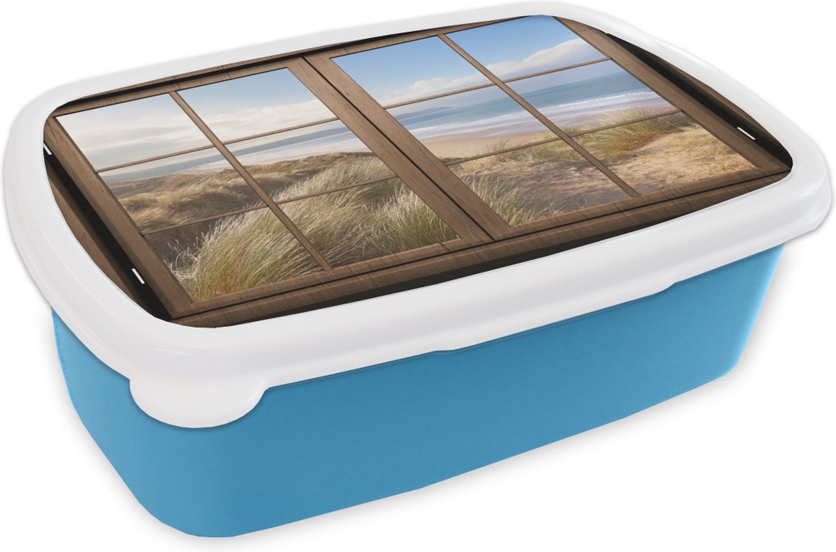 Broodtrommel Blauw - Lunchbox - Brooddoos - Doorkijk - Strand - Hout - 18x12x6 cm - Kinderen - Jongen