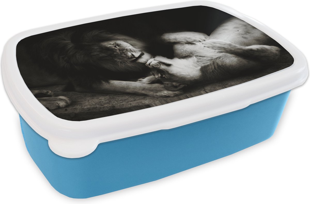 Broodtrommel Blauw - Lunchbox - Brooddoos - Leeuw - Zwart - Wit - 18x12x6 cm - Kinderen - Jongen