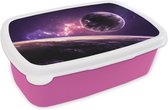 Broodtrommel Roze - Lunchbox - Brooddoos - Planeten - Ruimte - Sterren - 18x12x6 cm - Kinderen - Meisje