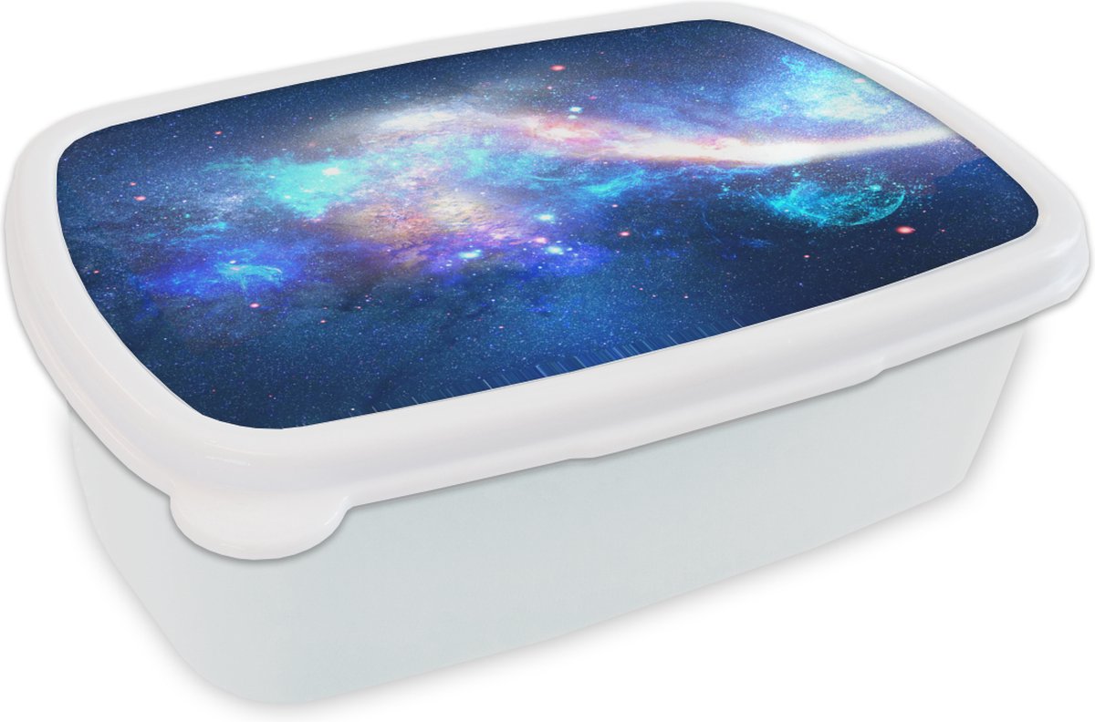 Broodtrommel Wit - Lunchbox - Brooddoos - Heelal - Blauw - Sterren - 18x12x6 cm - Volwassenen