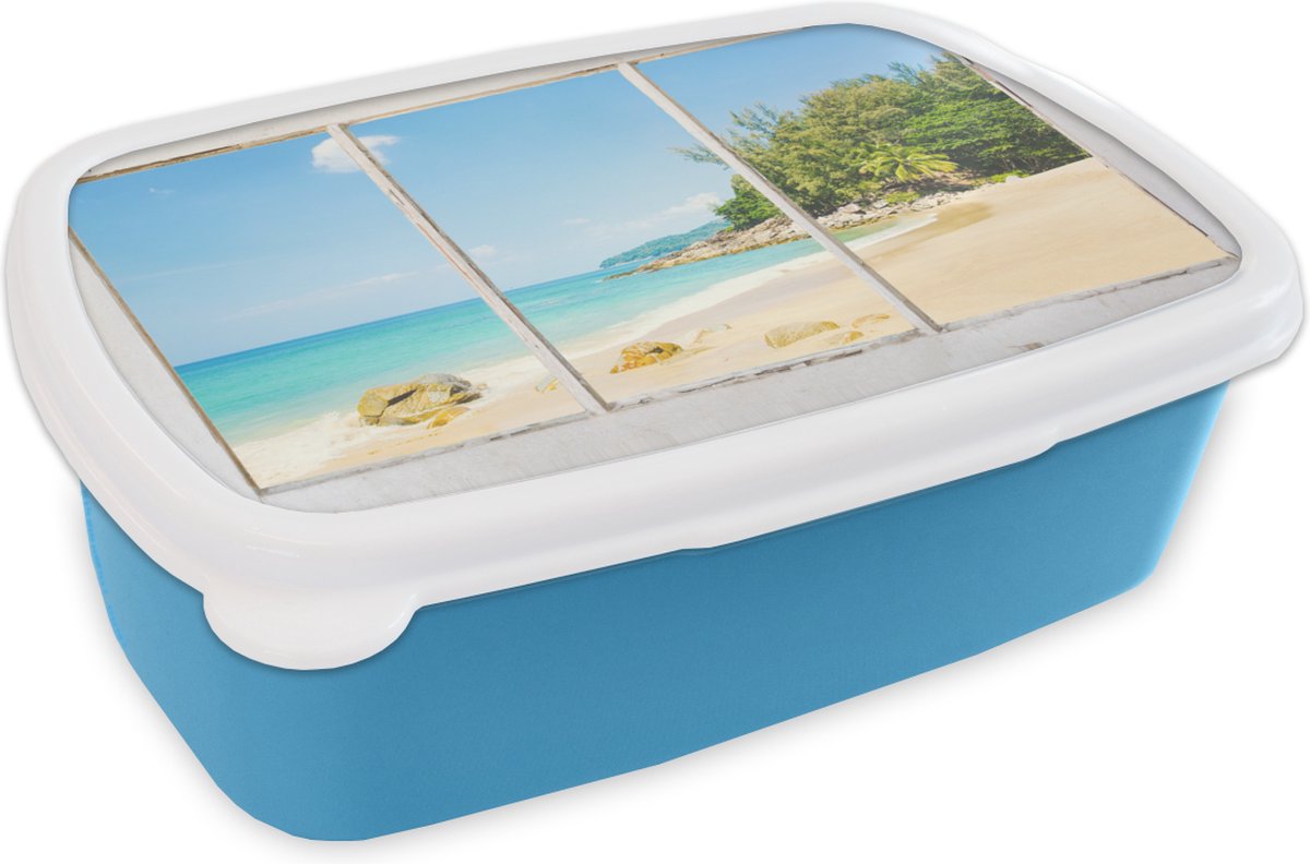 Broodtrommel Blauw - Lunchbox - Brooddoos - Doorkijk - Strand - Zee - 18x12x6 cm - Kinderen - Jongen