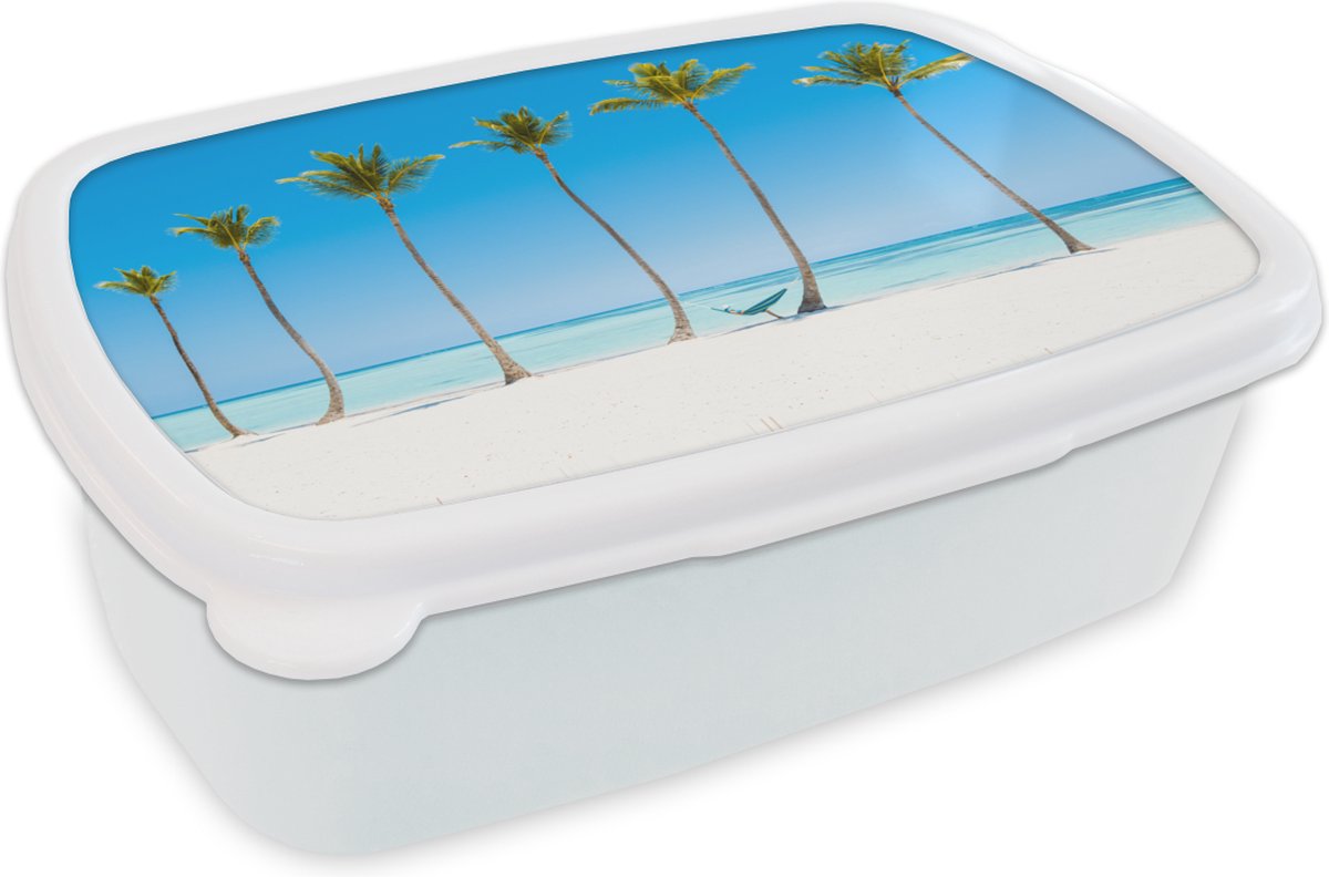 Broodtrommel Wit - Lunchbox - Brooddoos - Zee - Palmbomen - Hangmat - 18x12x6 cm - Volwassenen