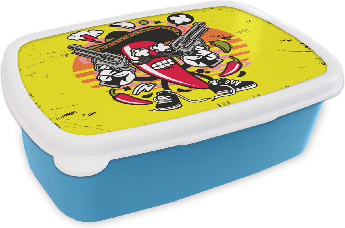 Broodtrommel Blauw - Lunchbox - Brooddoos - Peper - Pistool - Vintage - 18x12x6 cm - Kinderen - Jongen