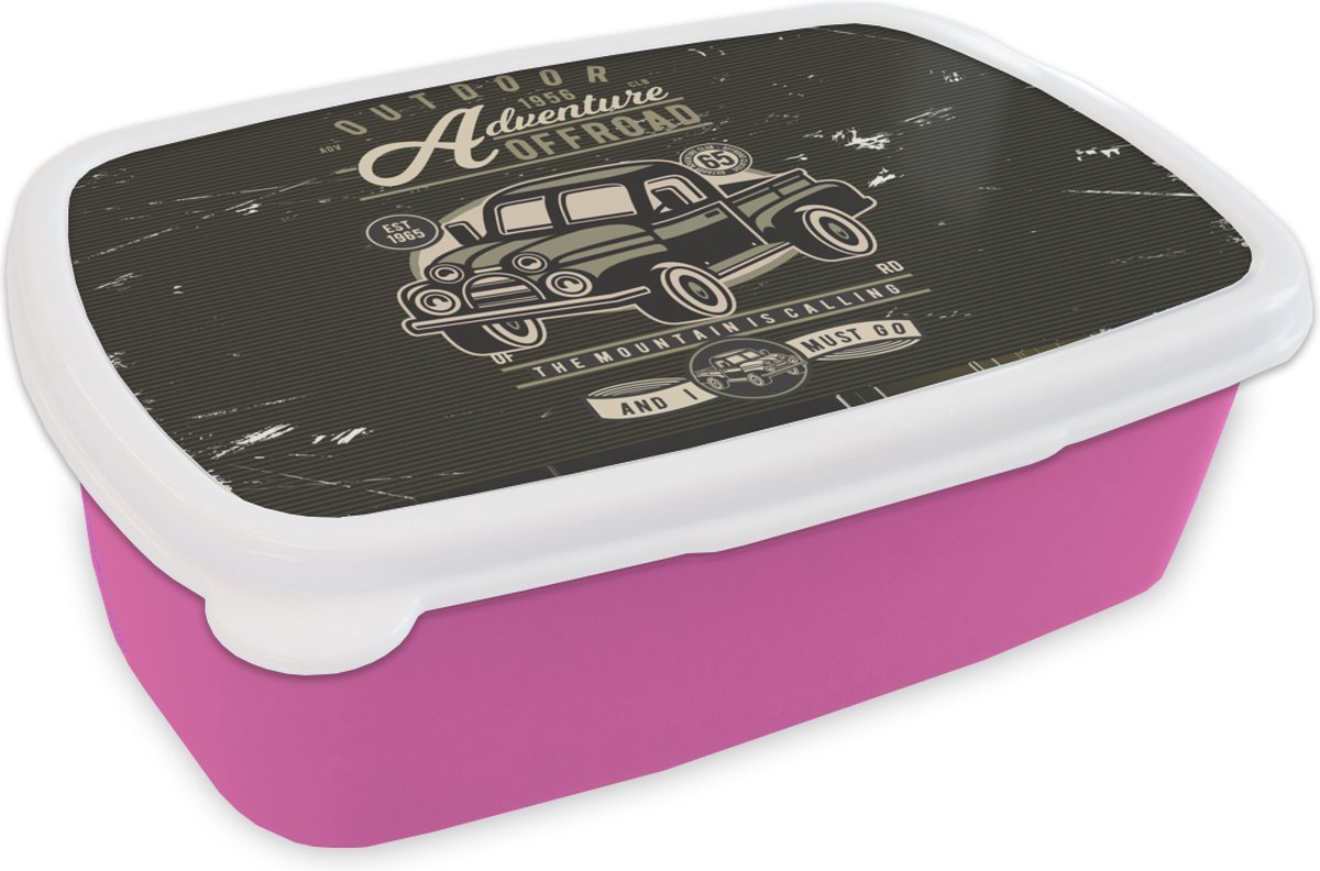 Broodtrommel Roze - Lunchbox - Brooddoos - Auto - Vintage - Letters - 18x12x6 cm - Kinderen - Meisje