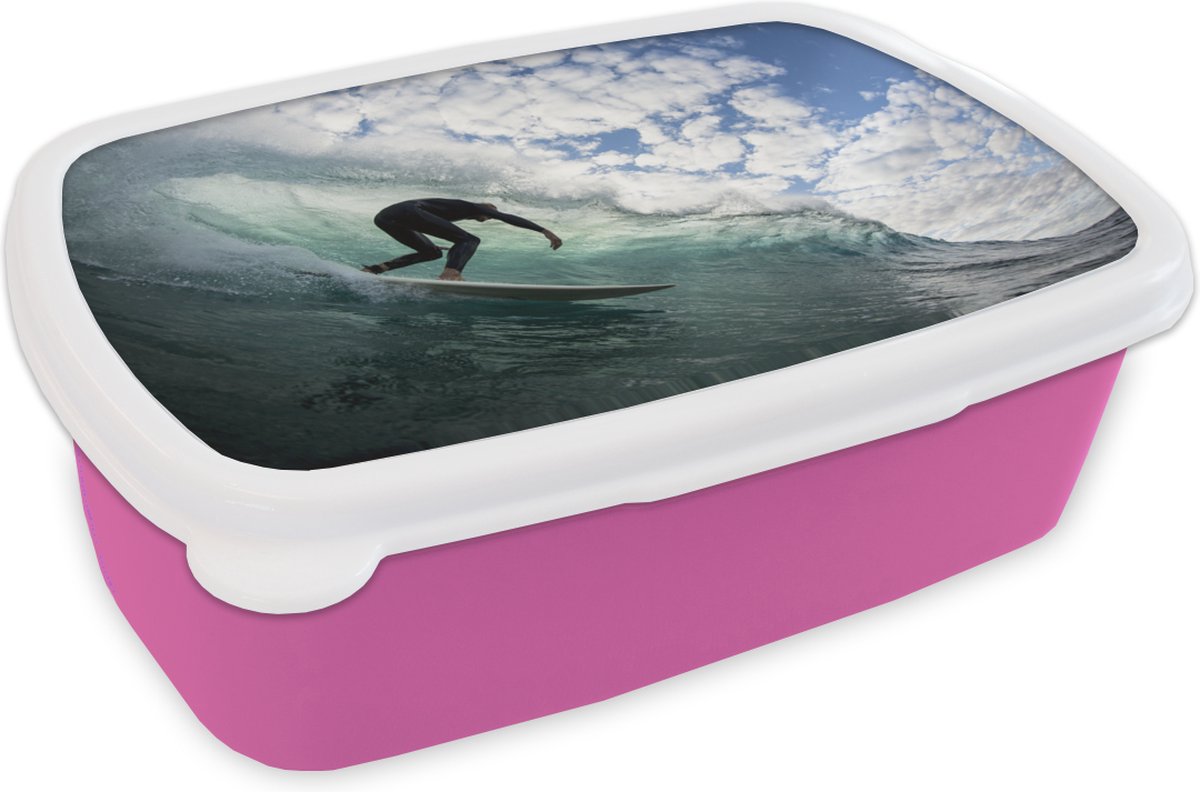 Broodtrommel Roze - Lunchbox - Brooddoos - Surfer op golfen - 18x12x6 cm - Kinderen - Meisje