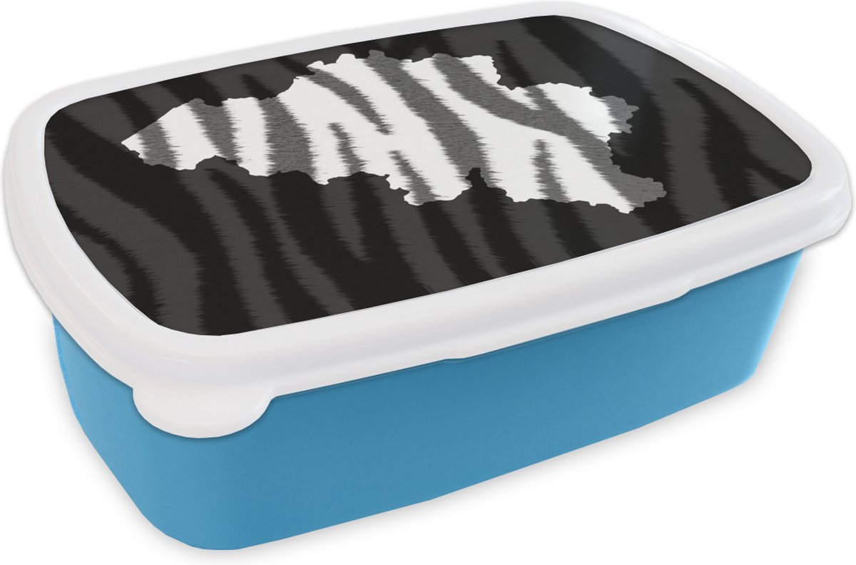Broodtrommel Blauw - Lunchbox - Brooddoos - Kaart - België - Zebra - 18x12x6 cm - Kinderen - Jongen