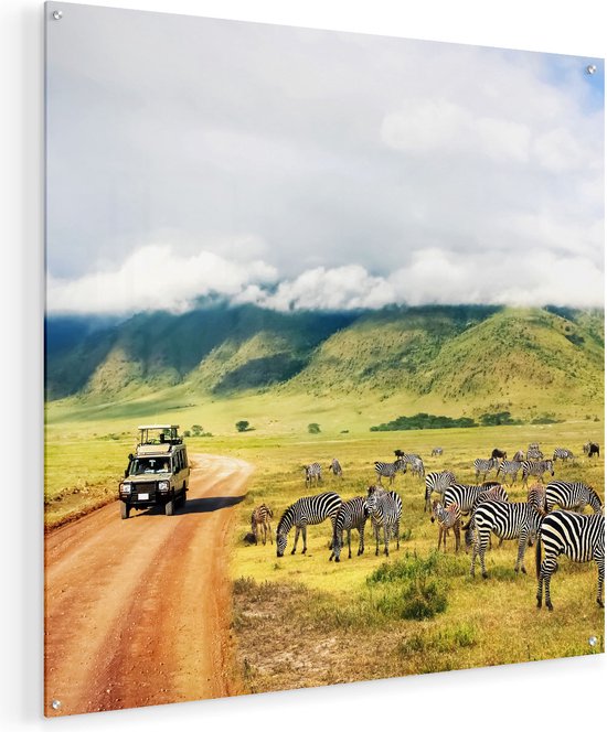 Artaza Glasschilderij - Safari Auto tussen de Zebra's - 70x70 - Plexiglas Schilderij - Foto op Glas
