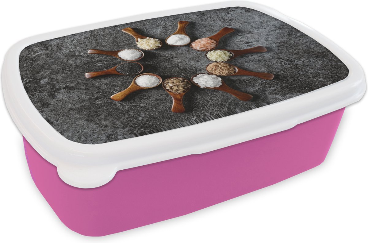 Broodtrommel Roze - Lunchbox - Brooddoos - lepels met kruiden - 18x12x6 cm - Kinderen - Meisje