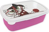 Broodtrommel Roze - Lunchbox - Brooddoos - Kat - Wol - Rood - 18x12x6 cm - Kinderen - Meisje
