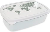 Broodtrommel Wit - Lunchbox - Brooddoos - Wereldkaart - Tropische Planten - Wit - 18x12x6 cm - Volwassenen