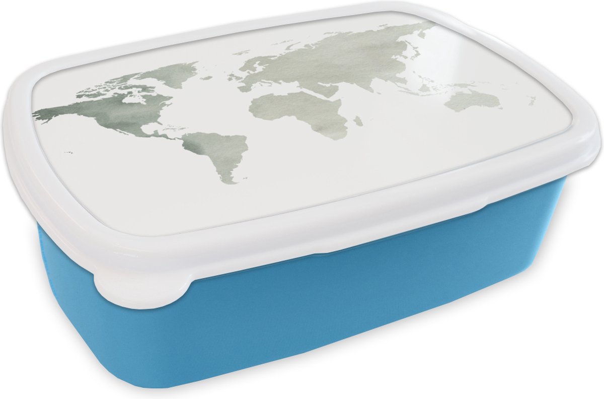 Broodtrommel Blauw - Lunchbox - Brooddoos - Wereldkaart - Grijs - Wit - 18x12x6 cm - Kinderen - Jongen
