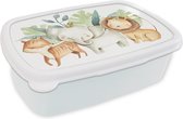 Broodtrommel Wit - Lunchbox - Brooddoos - Jungle - Olifant - Vos - Leeuw - 18x12x6 cm - Volwassenen