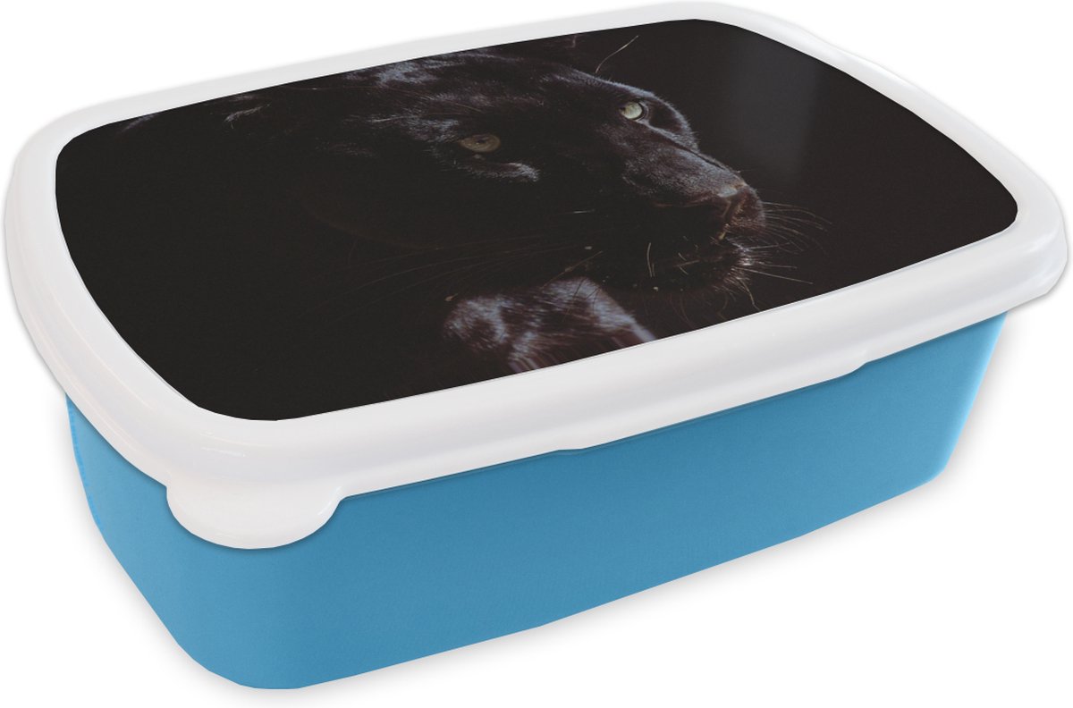 Broodtrommel Blauw - Lunchbox - Brooddoos - Panter - Dier - Zwart - 18x12x6 cm - Kinderen - Jongen