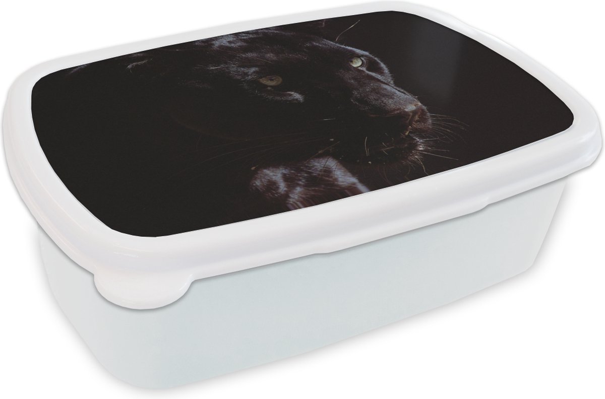 Broodtrommel Wit - Lunchbox - Brooddoos - Panter - Dier - Zwart - 18x12x6 cm - Volwassenen