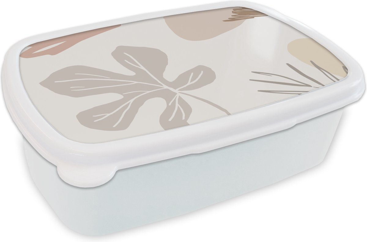Broodtrommel Wit - Lunchbox - Brooddoos - Zomer - Blad - Grijs - 18x12x6 cm - Volwassenen
