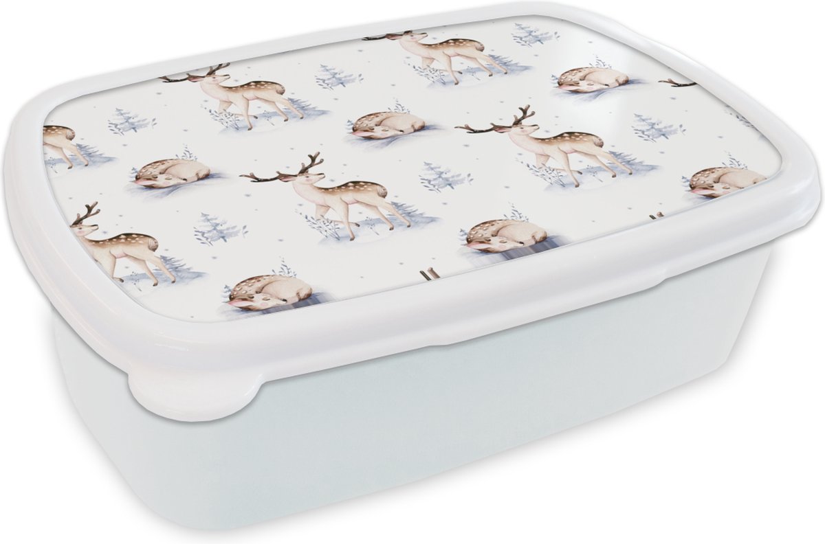 Broodtrommel Wit - Lunchbox - Brooddoos - Winter - Sneeuw - Herten - 18x12x6 cm - Volwassenen