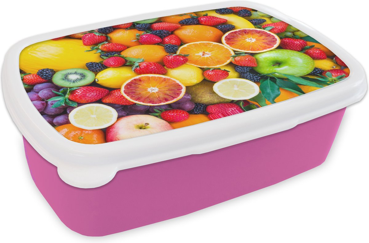 Broodtrommel Roze - Lunchbox - Brooddoos - Appel - Druiven - Fruit - 18x12x6 cm - Kinderen - Meisje