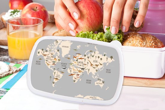 Lunch box Wit - Lunch box - Boîte à pain - Wereldkaart - Chambre d'enfant - Dinosaures - Garçons - Filles - Enfants - 18x12x6 cm - Adultes