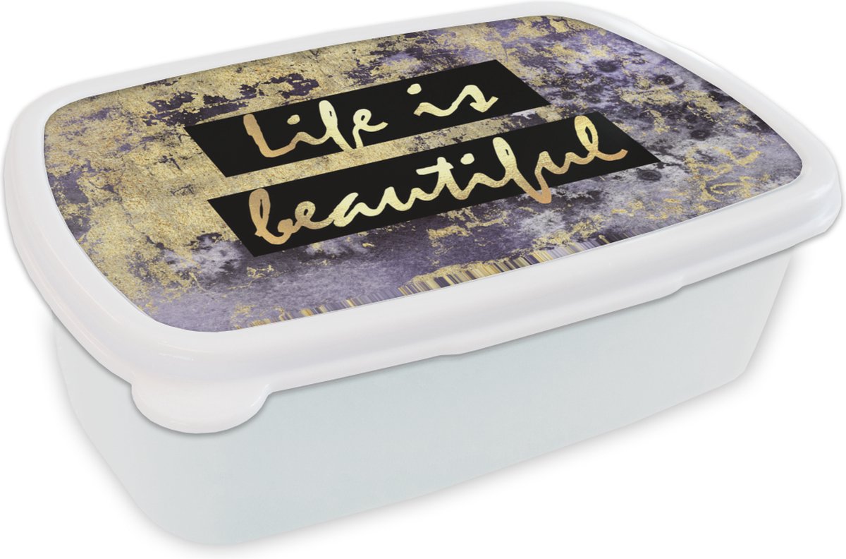 Broodtrommel Wit - Lunchbox - Brooddoos - Quotes - Leven - Goud - 18x12x6 cm - Volwassenen