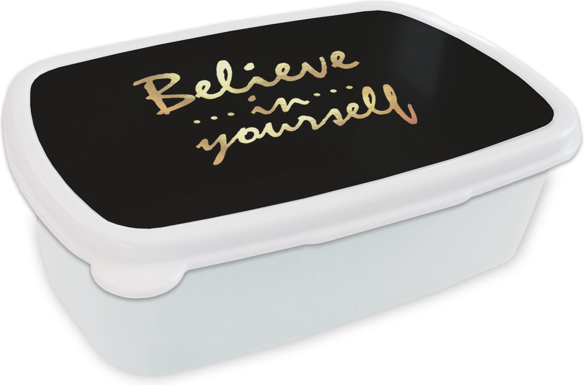 Broodtrommel Wit - Lunchbox - Brooddoos - Quote - Zelfvertrouwen - Goud - 18x12x6 cm - Volwassenen