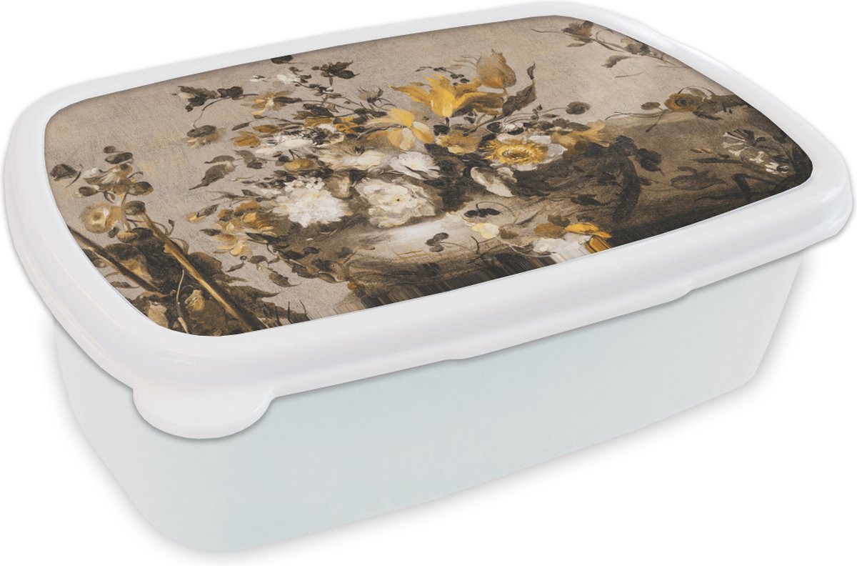 Broodtrommel Wit - Lunchbox - Brooddoos - Bloemen - Oude Meesters - Geel - 18x12x6 cm - Volwassenen