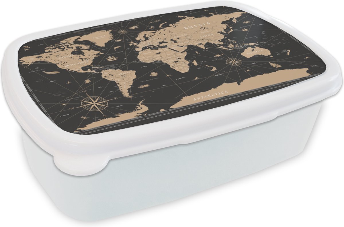 Broodtrommel Wit - Lunchbox - Brooddoos - Kaart - Wereld - Bruin - 18x12x6 cm - Volwassenen
