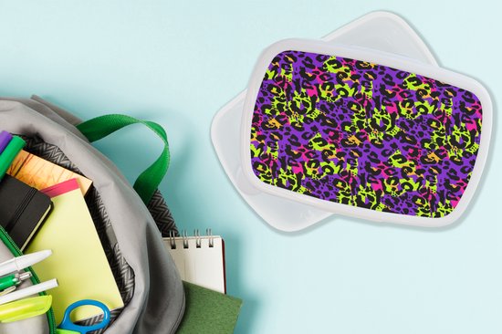 Broodtrommel Wit - Lunchbox Panterprint - Neon - Paars - Geel - Brooddoos 18x12x6 cm - Brood lunch box - Broodtrommels voor kinderen en volwassenen