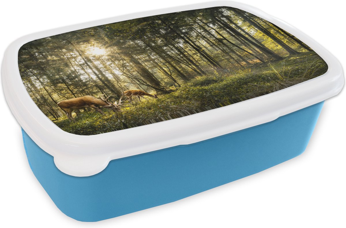 Broodtrommel Blauw - Lunchbox - Brooddoos - Hert - Natuur - Bos - 18x12x6 cm - Kinderen - Jongen