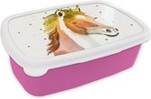 Broodtrommel Roze - Lunchbox - Brooddoos - Paard - Kleuren - Wit - Meisjes - Kinderen - Meiden - 18x12x6 cm - Kinderen - Meisje